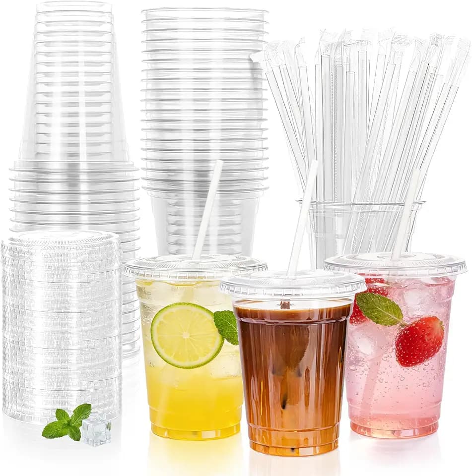 Lullaby 100 Pack 16oz Clear Plastic Cups with Lids and Straws, Coffee Cups