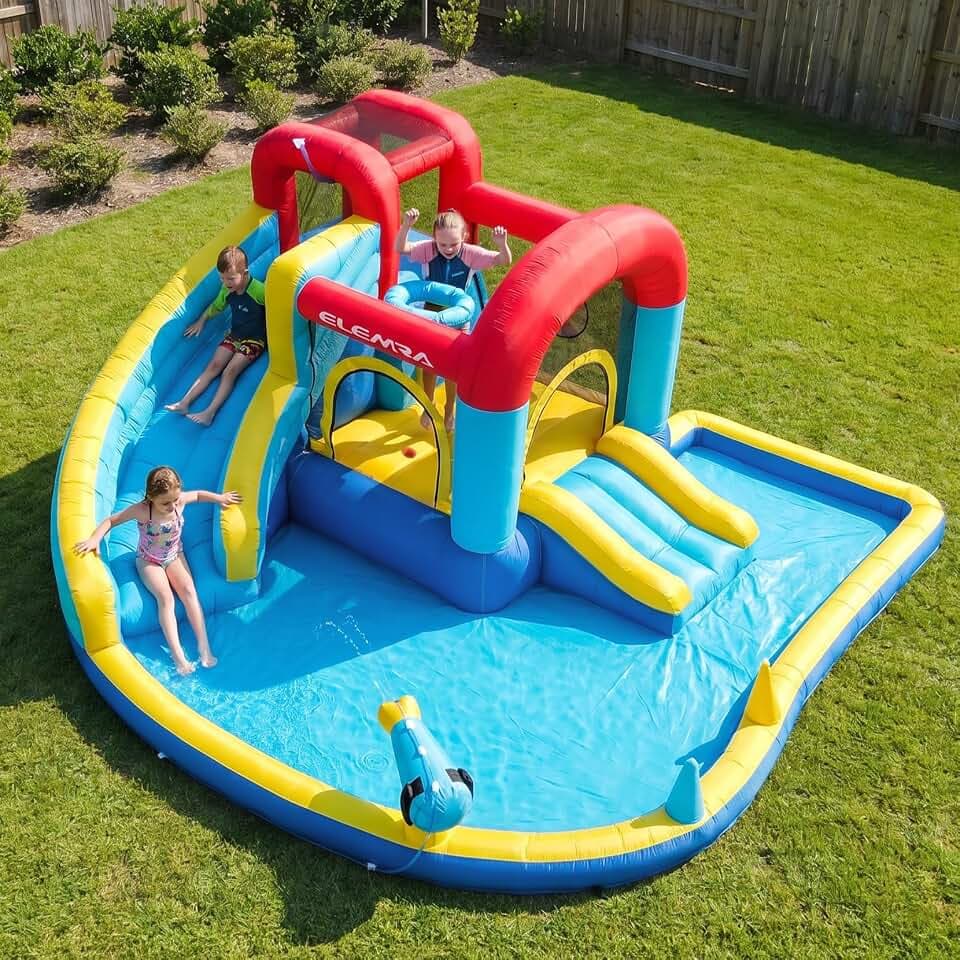 ELEMARA 9 in 1 Inflatable Water Slides, Inflatable Bounce House with Blower & 2 Slides Climbing Walls & 2 Water Guns, Deep＆Splash Pool, Water Slides for Kids Backyard for 6,108.3 * 106.3 * 56.3 in