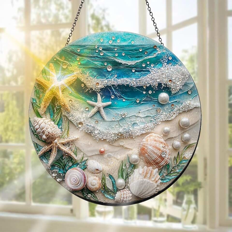 Muschel Buntglas Sonnenfänger Fensterschmuck hängend Strand – Handgefertigter Sonnenfänger als Dekoration für Garten, Fenster, Innen- und Außenbereich, Weihnachten Party, 20 x 20 cm