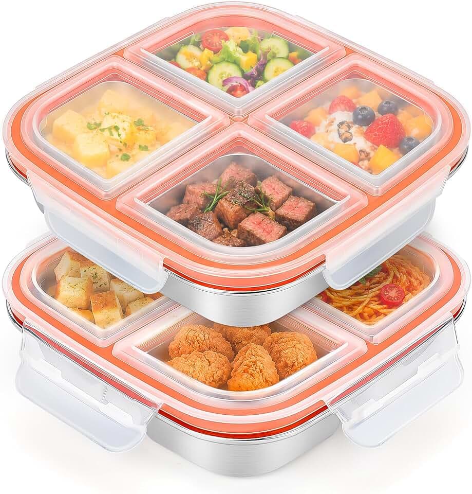 CSYY 2 Stück Edelstahl Snackboxen, 4 Fächern Lunchbox Wiederverwendbare Snack Behälter Leckdichte Bento Box Auslaufsichere Brotdose BPA-freifür Kinder Erwachsene Schule Arbeit Picknick Camping