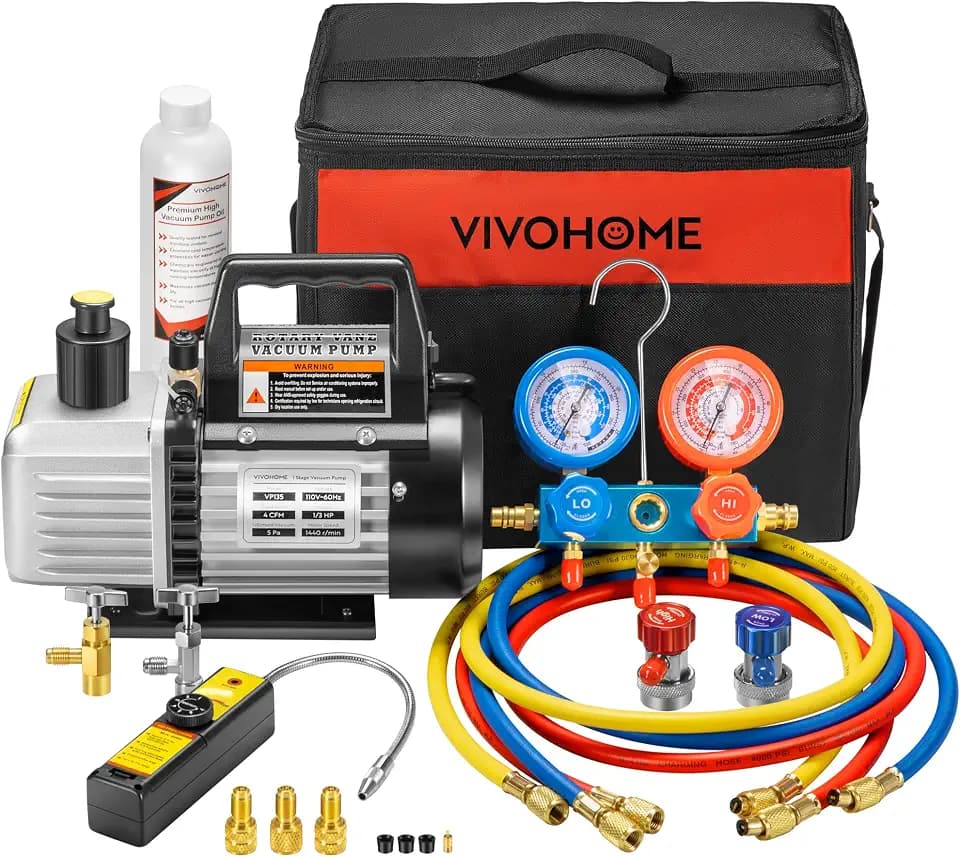 VIVOHOME 1/3 HP 4CFM 1 Stage AC Vacuum Pump and R134a Manifold Gauge Set