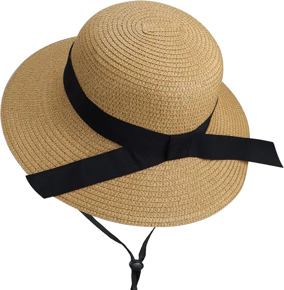 Girls Wide-Brim Straw Sun-Hat for Summer Beach with Bow