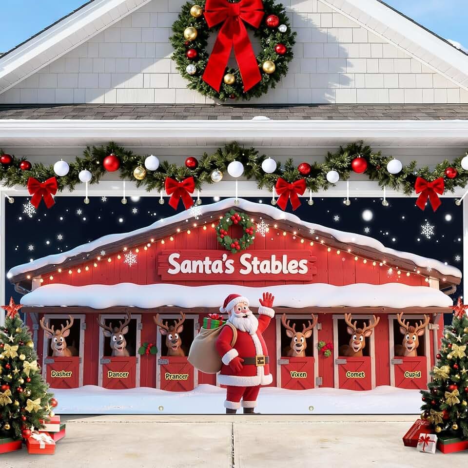 Christmas Decorations Garage Door Cover, 16 x 7 ft Santa's Stables Xmas Garage Door Banner Covering Mural Backdrop Background, Holiday Party Wall Decor Indoor Outdoor