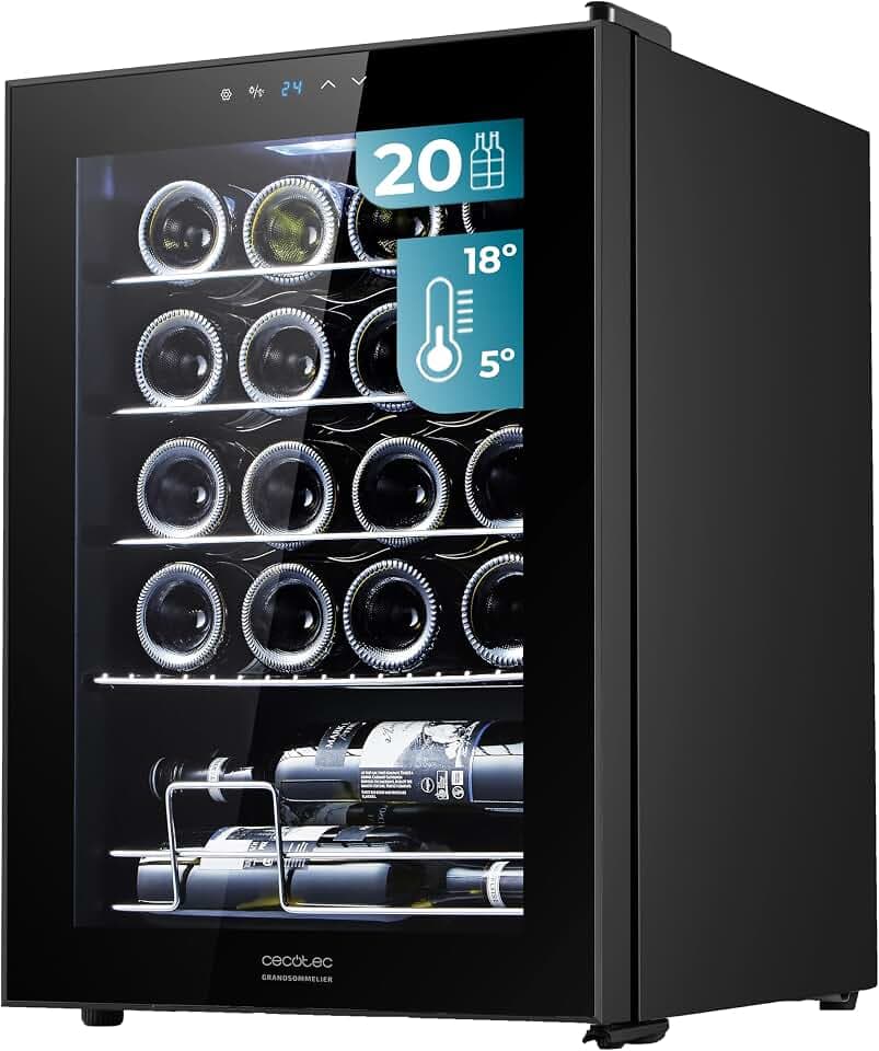 Cecotec Getränkekühlschrank - 24 Flaschen Bolero GrandSommelier 2050 Black Compressor. Einstellbare Temperatur von 5-18°C, Hohe Leistung, Leiser Betrieb und vibrationsfrei.