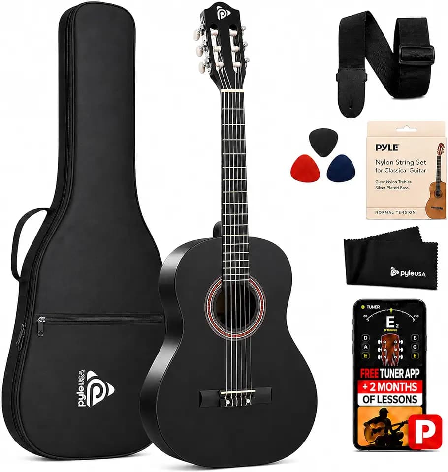 Pyle 36-Inch Beginner Classical Acoustic Guitar Kit, 3/4 Size Junior Nylon String Guitar for Kids and Adults, Includes Gig Bag, Strap, Spare Strings, Picks, Cleaning Cloth, 18 Frets, Black