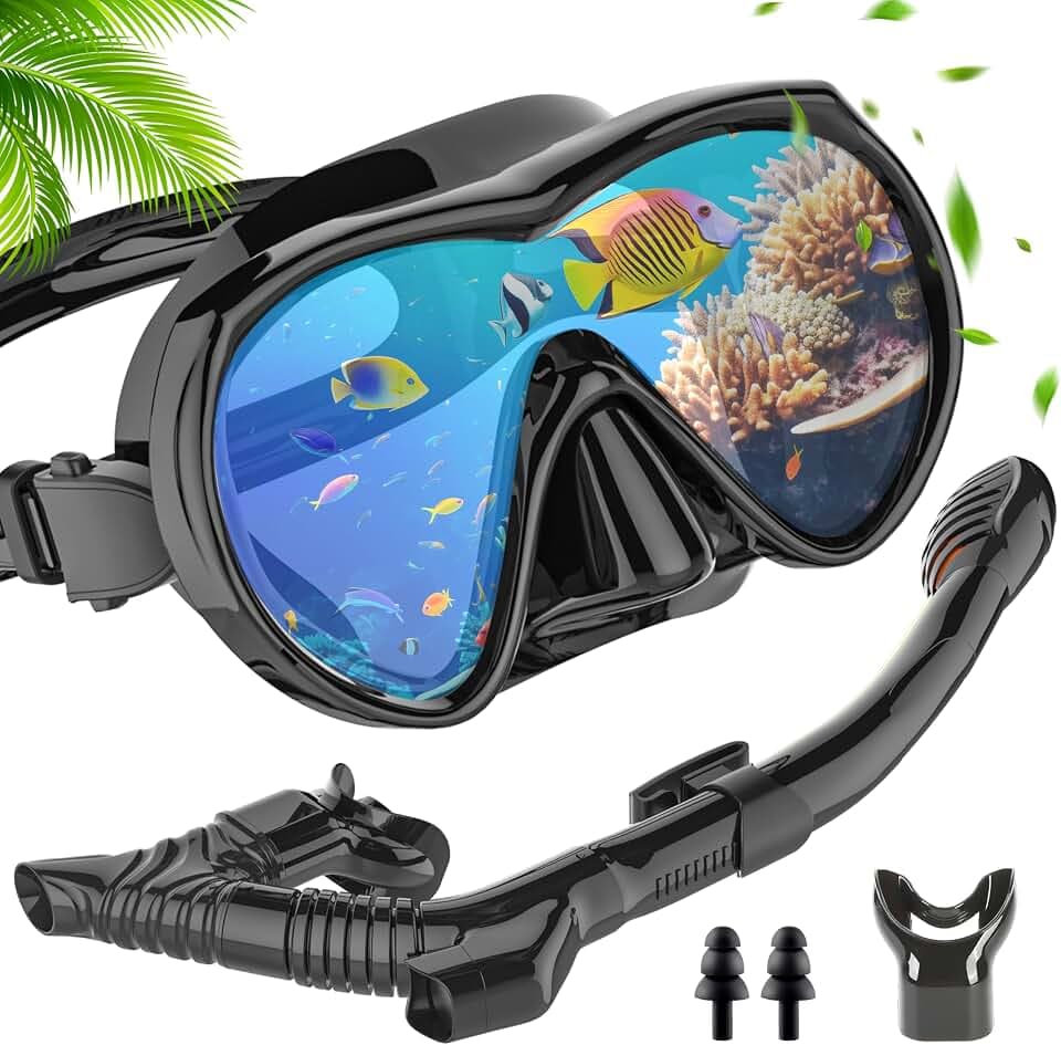 IEEILULU Schnorchelset Erwachsene, Schnorchel Set mit Anti Fog Anti Leck Taucherbrille und 3 Kanal Dry Schnorchel, Taucherbrille Erwachsene aus Gehärtetem Glas für Tauchen Schwimmen