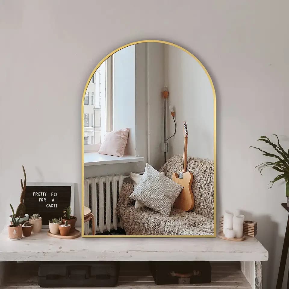 Arched Bathroom Mirror for Wall, 36" x 24" Metal Frame Vanity Mirror, Gold