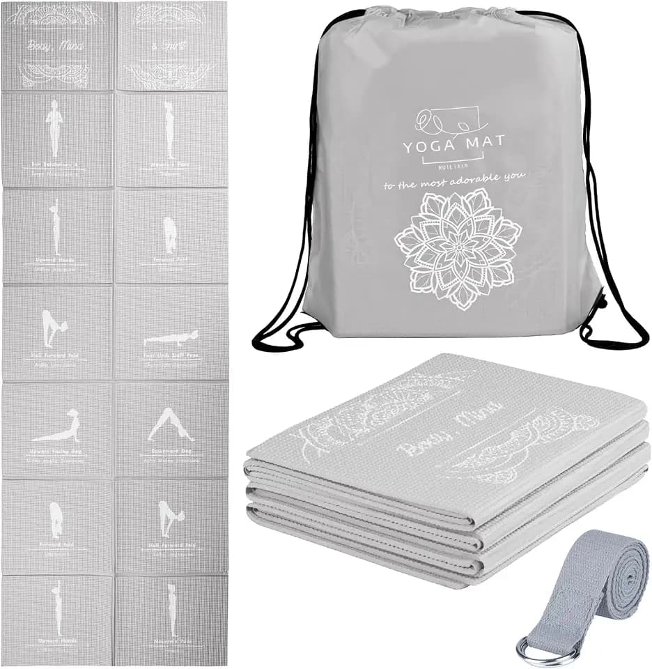 Faltbare Yogamatte für Frauen, rutschfeste Übungsmatte für Home Gym, Reise Yoga Set mit Stretch Strap für Yoga Pilates und Fitness, 173 x 61cmx 5mm dick