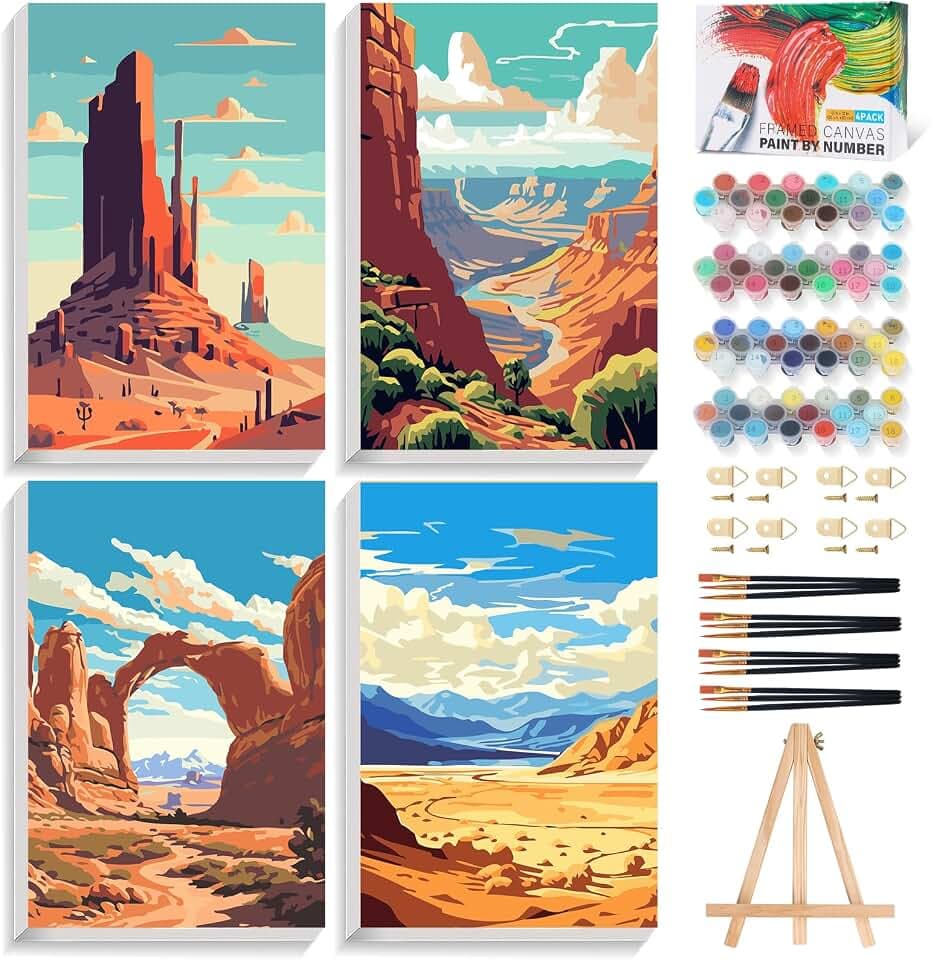 4 Pack Framed Paint by Numbers Kit for Adults with Wooden Easel, 8x12 Inch