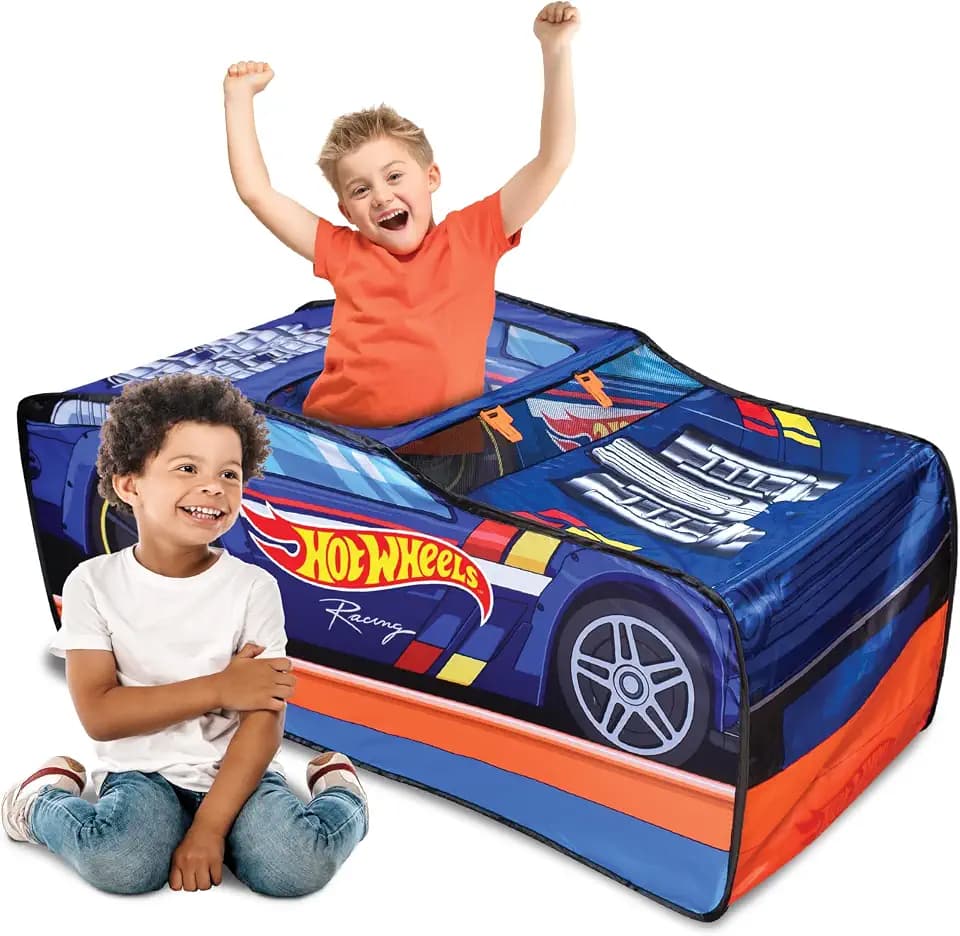 Hot Wheels™ Pop Up Play Tent, Playhouse for Boys, Race Car Tent with Connections for Hot Wheels Tracks, Indoor Playspace with Roll-Up Door & Roof Opening, Easy Setup, Folds Flat for Storage