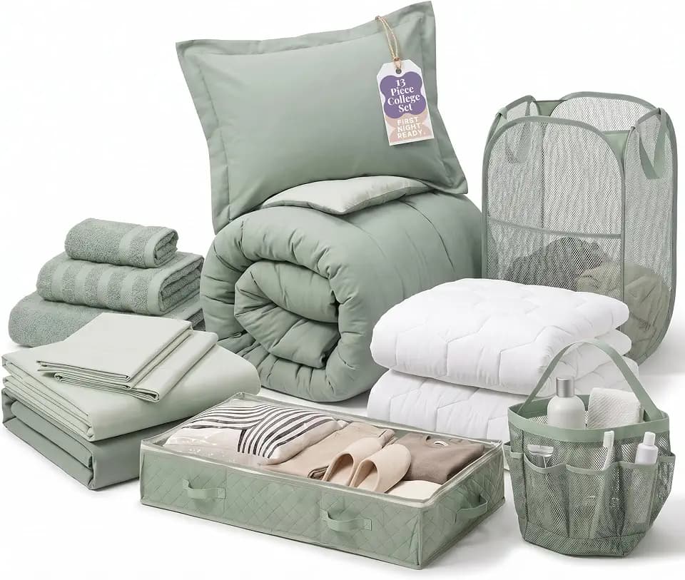Hearth & Harbor 13 Piece Complete Dorm Room Set, Twin XL Comforter Set, Sheet Set, Mattress Protector, Towels and Organizers - All Dorm Accessories Included