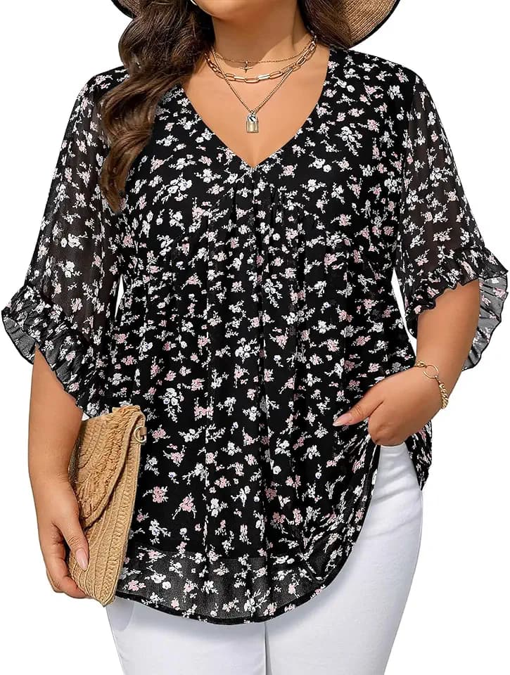 Siddhe Womens Plus Size Tops 3/4 Ruffle Sleeve Blouses V Neck Chiffon Shirts Babydoll Dressy Casual Tunic Top XL-5XL