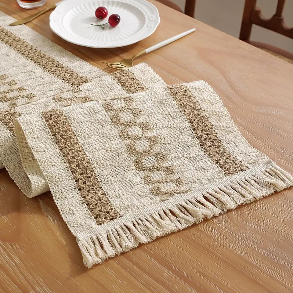 Niviy Boho Table Runner with Tassels 12 x 48 Inches Long, Cream & Brown Rustic Farmhouse Table Runner with Tassels for Home Kitchen Holiday Party and Wedding Decor Runner
