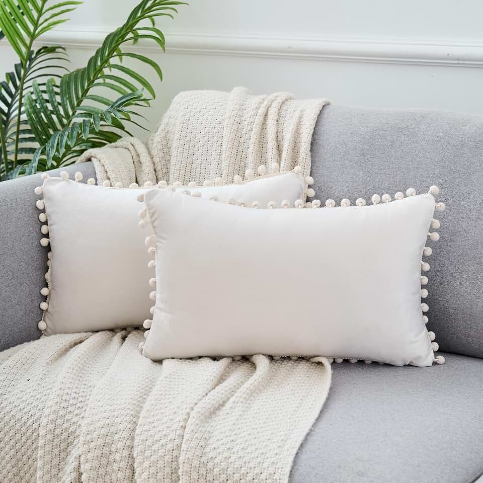 Uxcell 2 Stück Samt-Kissenbezüge mit Pompons dekorative Kissenbezüge Fransen-Kissenbezüge Samt quadratisch für Bauernhaus Schlafzimmer Wohnzimmer Beige 30 x 50 cm