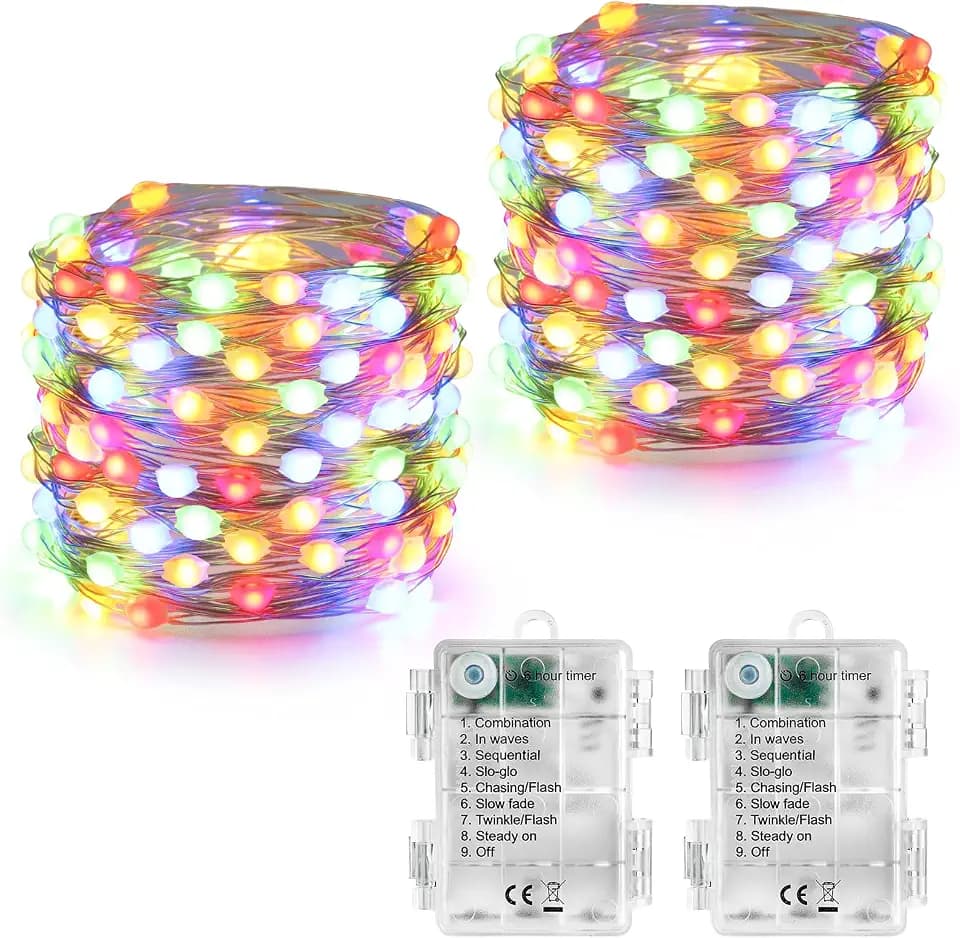 Joomer Lichterkette Batterie 5M, 2 Stück 50 LED Silberfaden Weihnachtsbeleuchtung Außen Timer, 8 Modi Lichterkette Weihnachtsbaum Weihnachtsdeko Wasserdicht für Innen Garten Party Festival Deko,Bunt