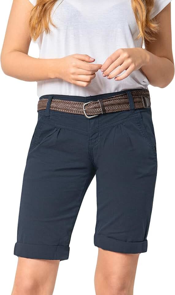 FRESH MADE Damen Bermuda-Shorts im Chino Style mit Gürtel Baumwoll Stretch Twill