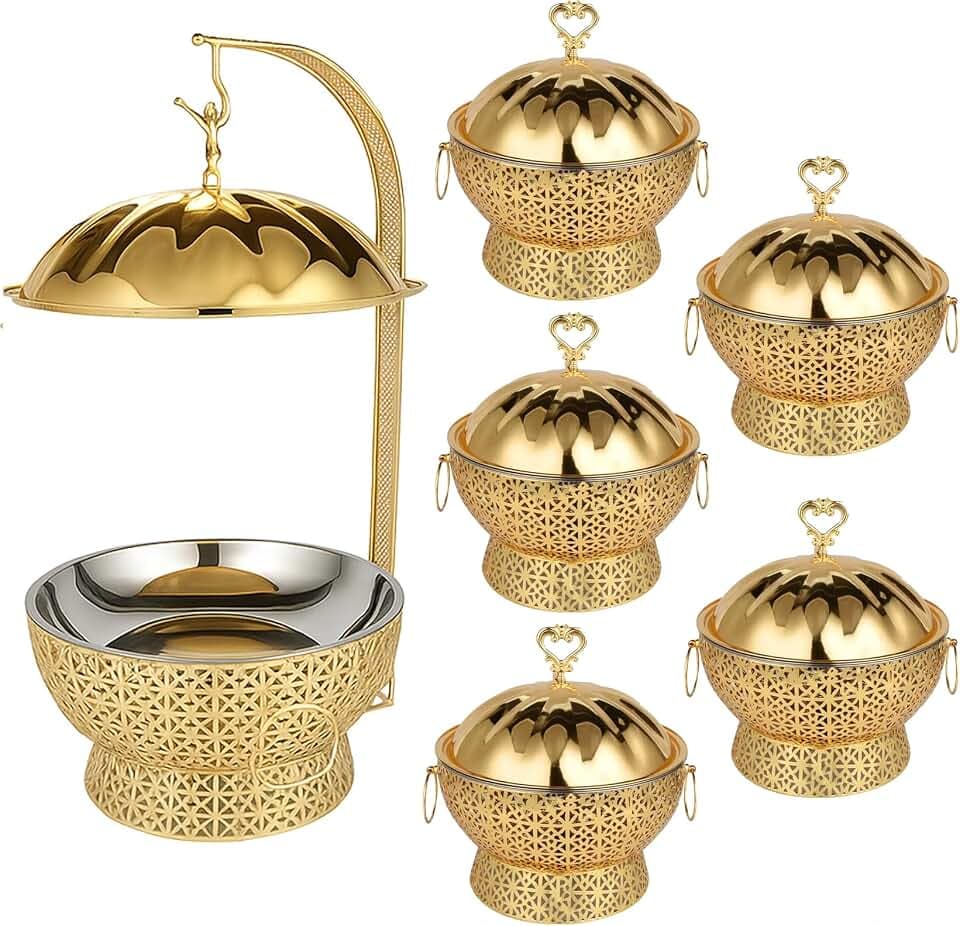 8QT Gold Luxury Chafing Dishes for Buffet – 6 Pack Fancy Stainless Steel Chafing Dish with Hollow-Out Frame, Large Capacity Catering Chafer Set for Weddings, Parties, Banquets (6)