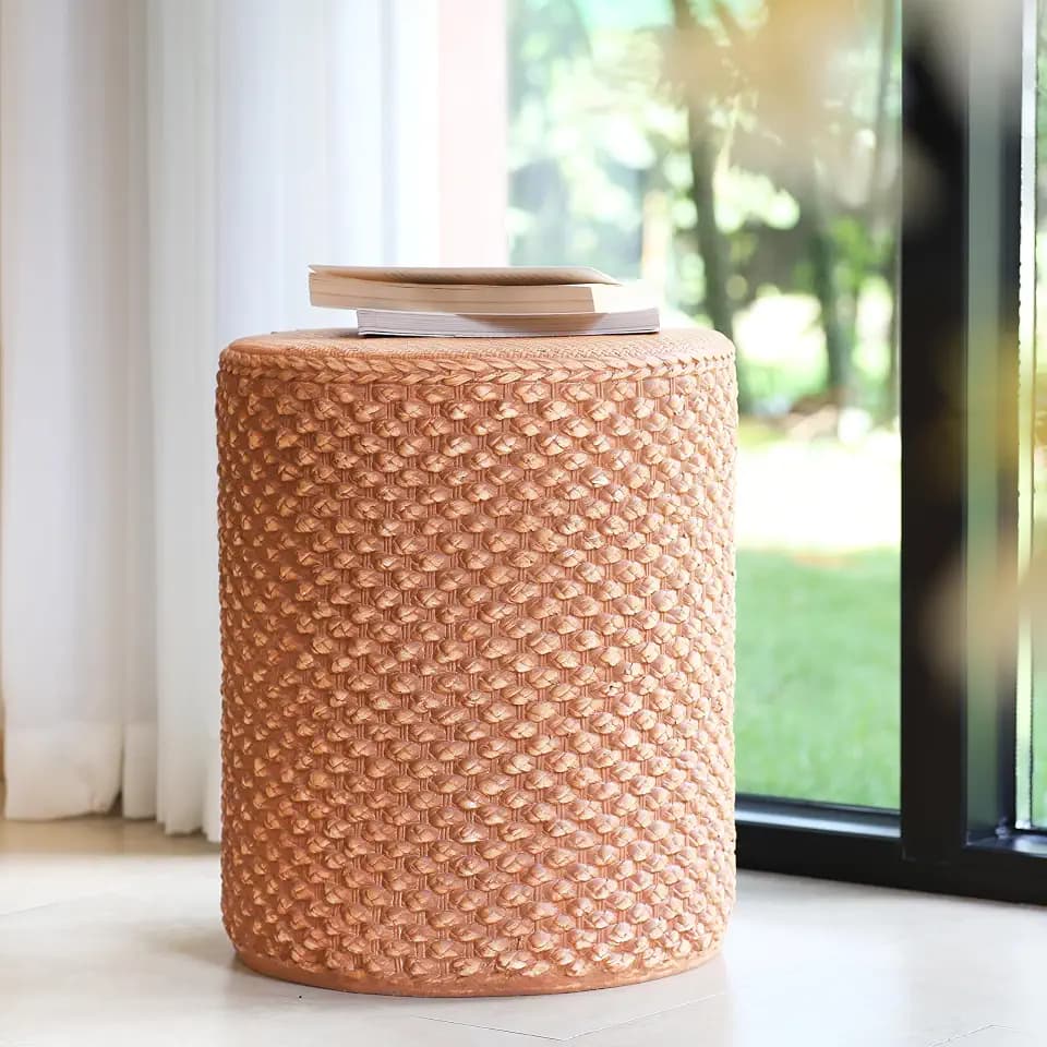 Christopher Knight Home Nataly 17.25" H Small Outdoor Side Table, Cylinder Shaped Carved Garden Stool, Lightweight Concrete End Table, Patio Decorative Home Stool for Balcony Poolside Backyard, Brown