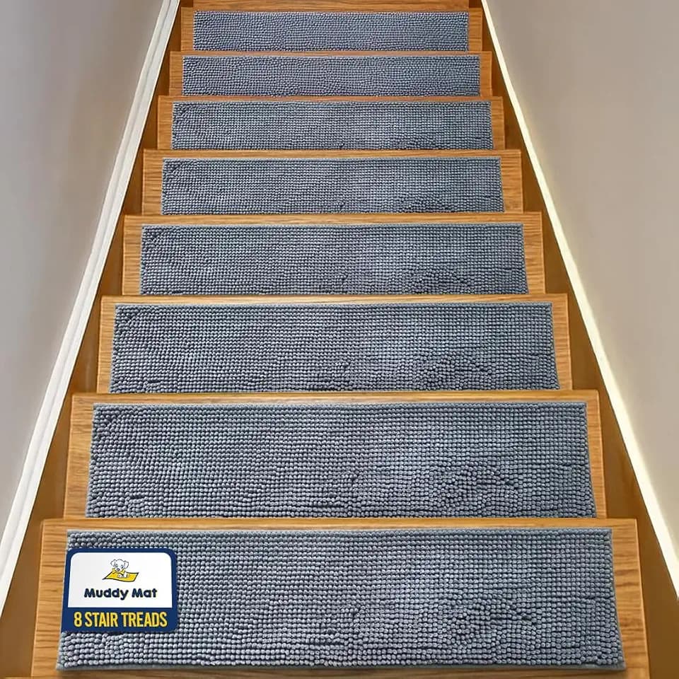 Muddy Mat® Pack of 8 - Soft Chenille Stair Treads Non-Slip Reusable, Super Absorbent Stair Treads for Wooden Steps, Tile & Marble Floor, Easy to Install & Machine Washable - Grey 30'' x 7''