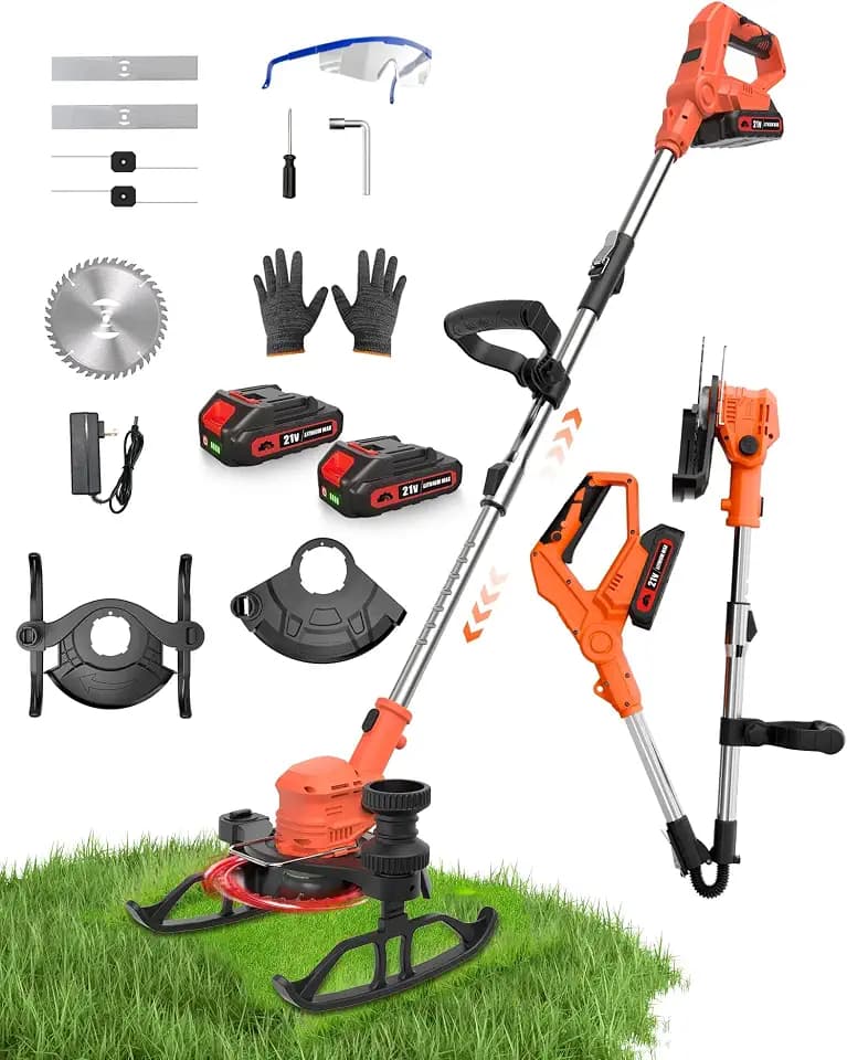 21V Cordless Weed Wacker, 3-in-1 Foldable String Trimmer/Edger/Grass Cutter, Lightweight Cordless Weed Eater with 2x2.0Ah Batteries & Charger for Lawn Garden Yard Maintenance
