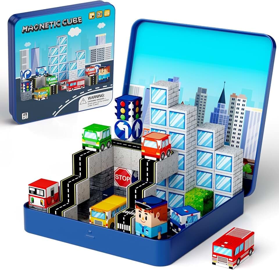 Magnetische Bausteine Reise Kinder Stadtverkehr: 49pcs Metalldose leicht