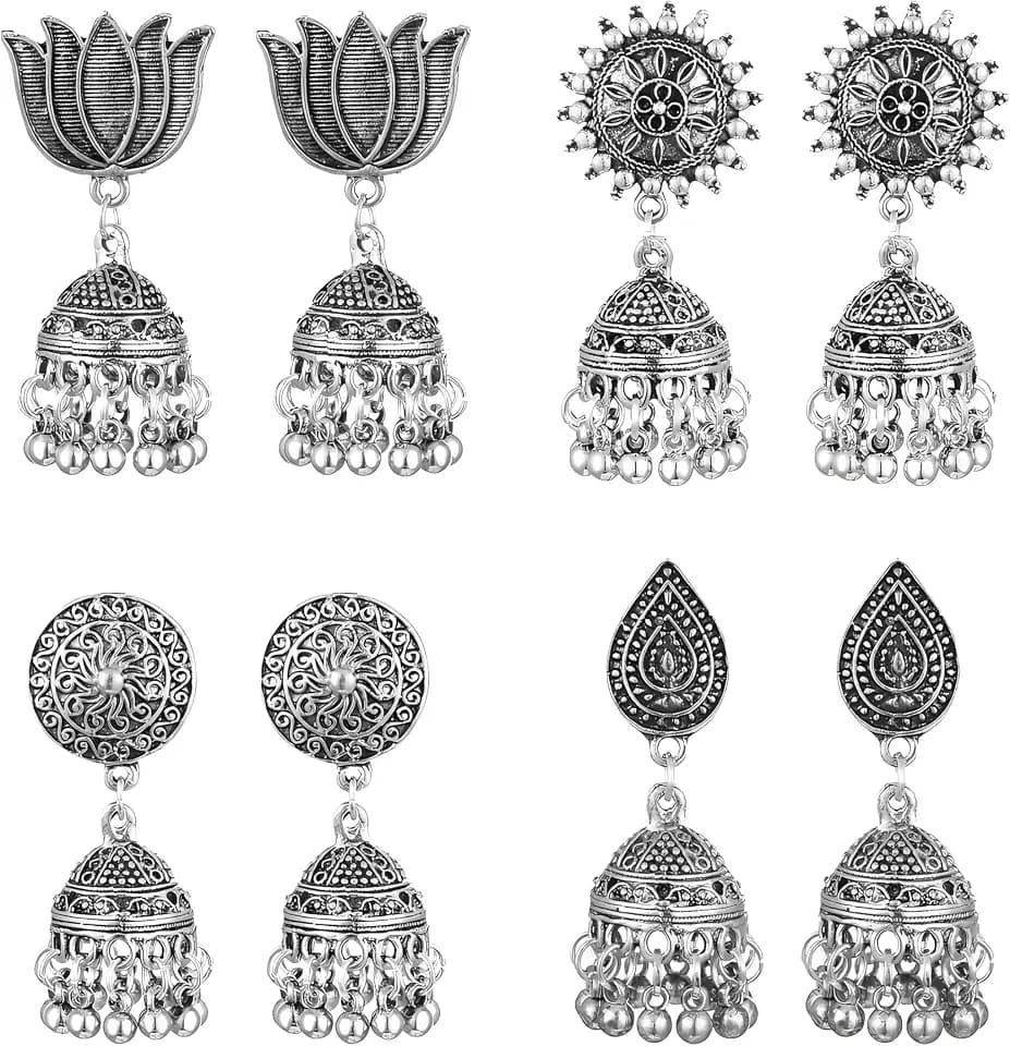 MALOYANVE 4 Pairs Jhumka Indian Earrings for Women Vintage Bohemian Chandelier Bell Tassel Dangle Earring Handmade Ethnic India Jhumki Jewelry for Wedding Party Gift