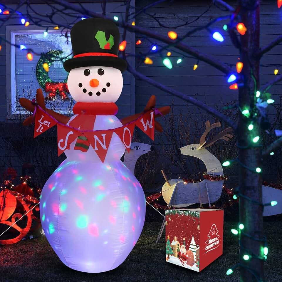 6 FT Christmas Inflatable Snowman Decoration, Rotating Colorful LED Lights Blow Up Inflatables Snowman with Banner Yard Decorations for Holiday Xmas Party Indoor Outdoor Garden Lawn Patio