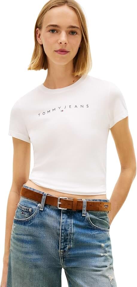 Tommy Jeans Damen T-Shirt Kurzarm Linear Slim Fit, Weiß (Ecru), XS