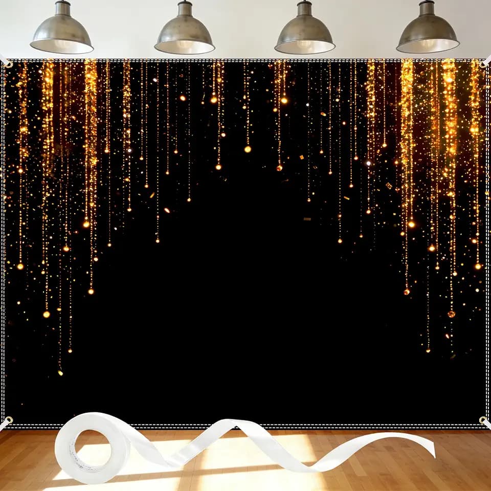 Black and Golden Backdrop 8x6ft Polyester Glitter Backdrop Masquerade Decorations Vintage Photo Booth for Family Birthday Party Photo Studio with Ribbon