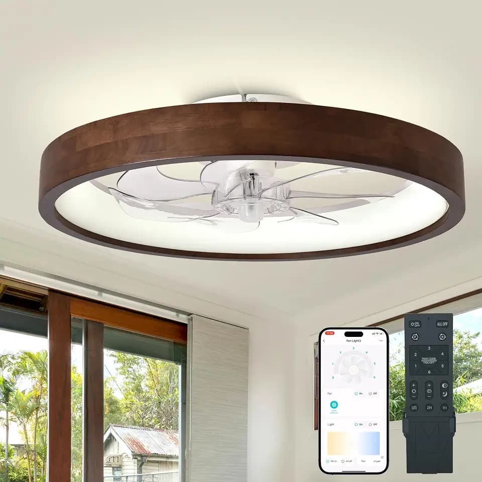 20” Modern Dark Wooden Flush Mount Low Profile Ceiling Fans with Lights