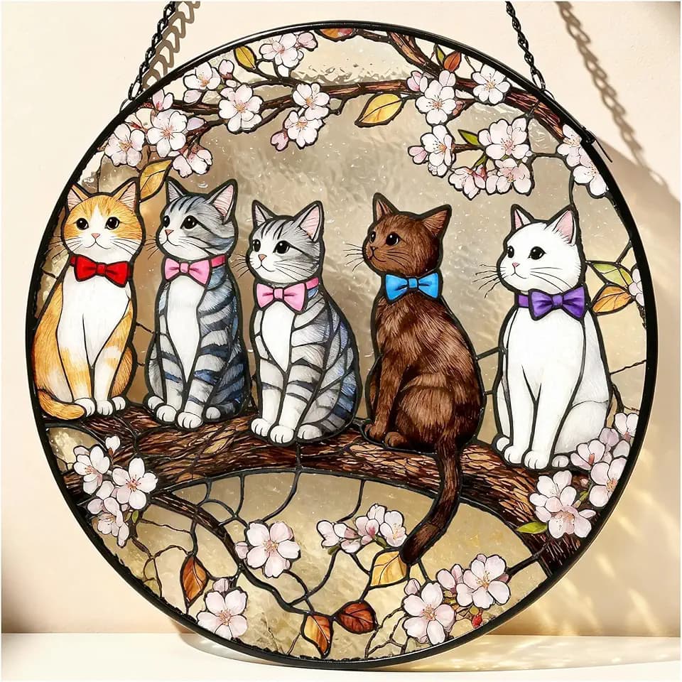 Cat Stained Glass Suncatcher, 7.8 Inch Window Hanging for Indoor Decor