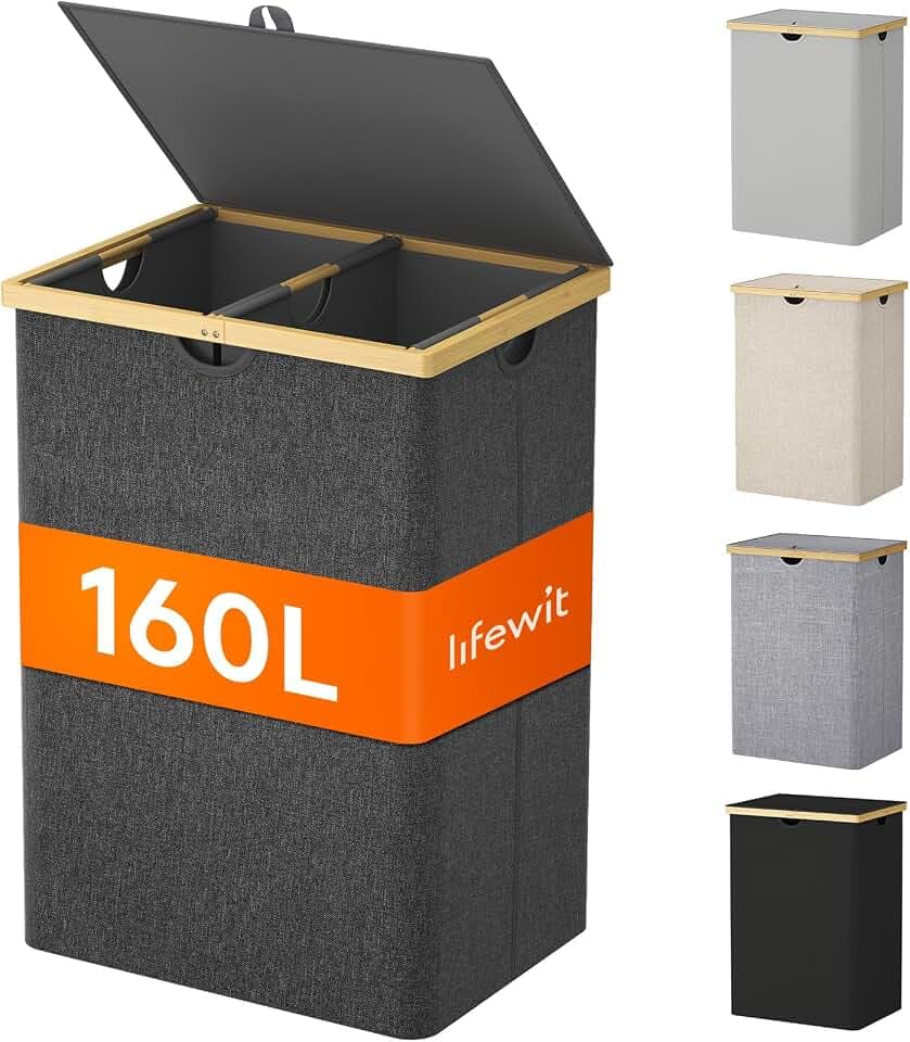 Lifewit 160L Bambus-Wäschekorb mit 2 Fächern und Deckel, Dunkelgrau