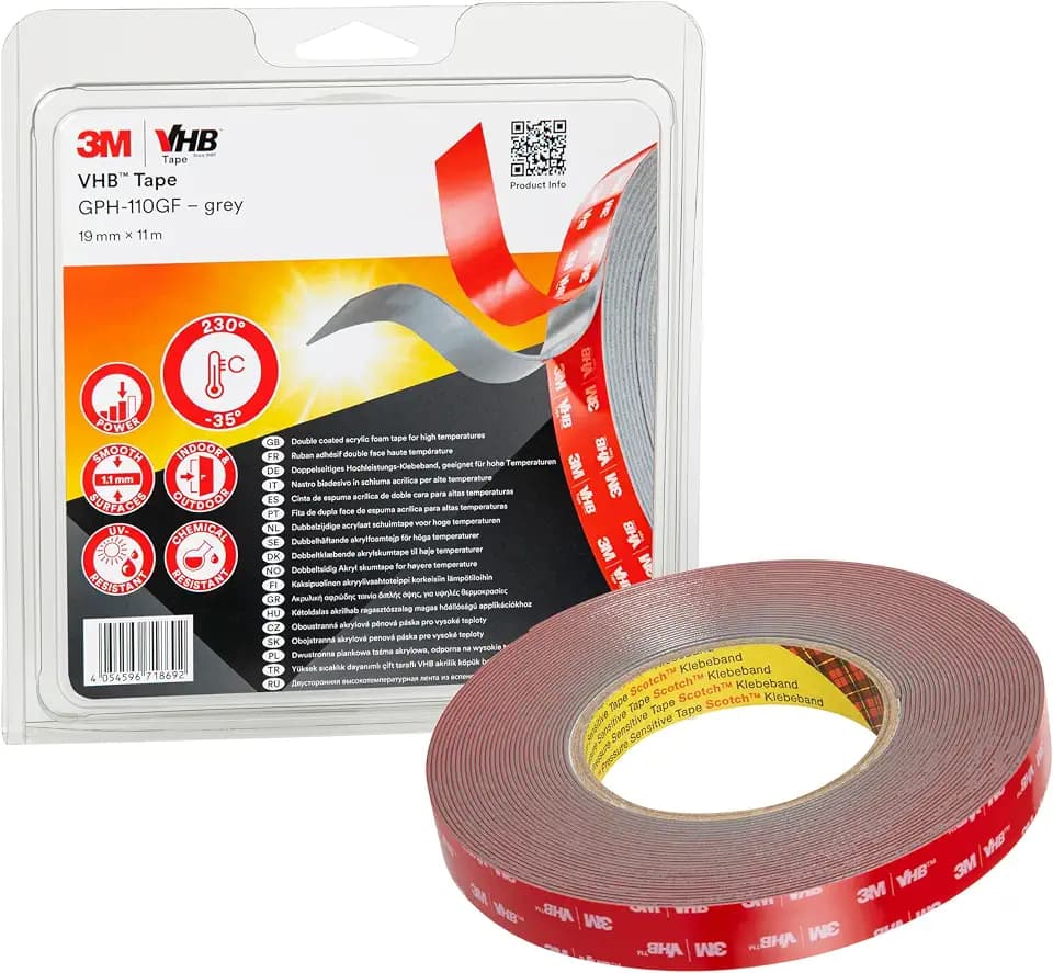 3M VHB GPH-110GF Montage Klebeband doppelseitig - hohe Temperaturbeständigkeit, Verbindung von Aluminium, Edelstahl, verzinktem Stahl, Polycarbonat, ABS - 19mm x 11m, Grau, Dicke: 1.1mm (1-er Pack)