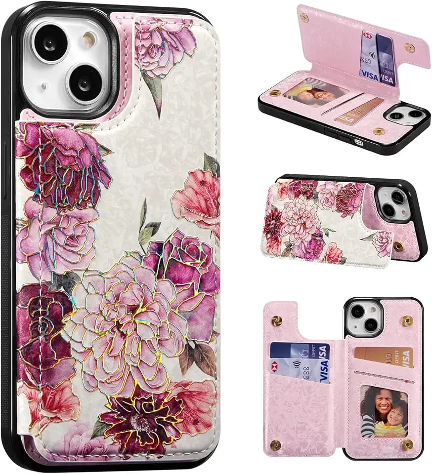 UEEBAI Wallet Case for iPhone 15 with Card Holders, PU Leather Cover Kickstand RFID Blocking Double Magnetic Clasp Rilievo Flower Shockproof Flip Case for Women Girls - White Rose