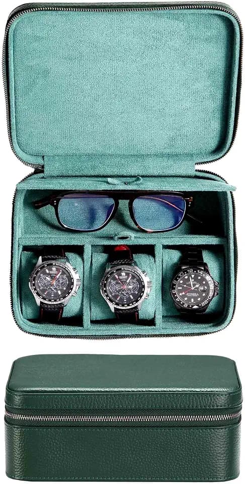 Uhrenbox aus echtem Leder für Herren, Reiseetui mit Brillenfach, Tragetasche aus genarbtem Echtleder für 3 Uhren, Uhren-Reiserolle, Reißverschluss (Grün)