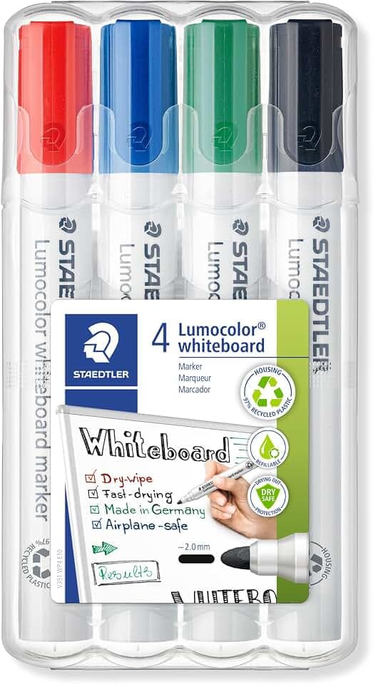 STAEDTLER Whiteboard-Marker Lumocolor, Rundspitze ca. 2 mm Linienbreite, Set mit 4 Farben, hohe Qualität Made in Germany, trocken und rückstandsfrei abwischbar von Whiteboards, 351 WP4