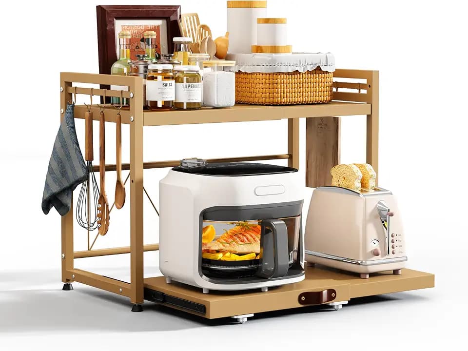 NETEL Erweiterbares Mikrowellen Regal,Regal über Mikrowelle,Mikrowellenständer für Arbeitsplatte，Küchenregal Stehend, Schwarz, Ausziehbar von 40-60cm