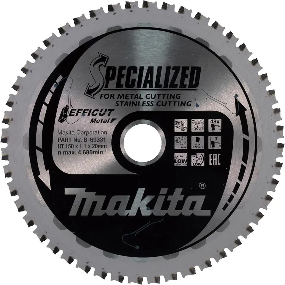 Makita B-69331 EFFICUT Kreissägeblatt Ø 150 x 1,1 x 20 mm, 48 Zähne, 0° Zahnwinkel, vibrationsarm, für saubere und schnelle Schnitte in Metall, Edelstahl, für Akku-Handkreissägen