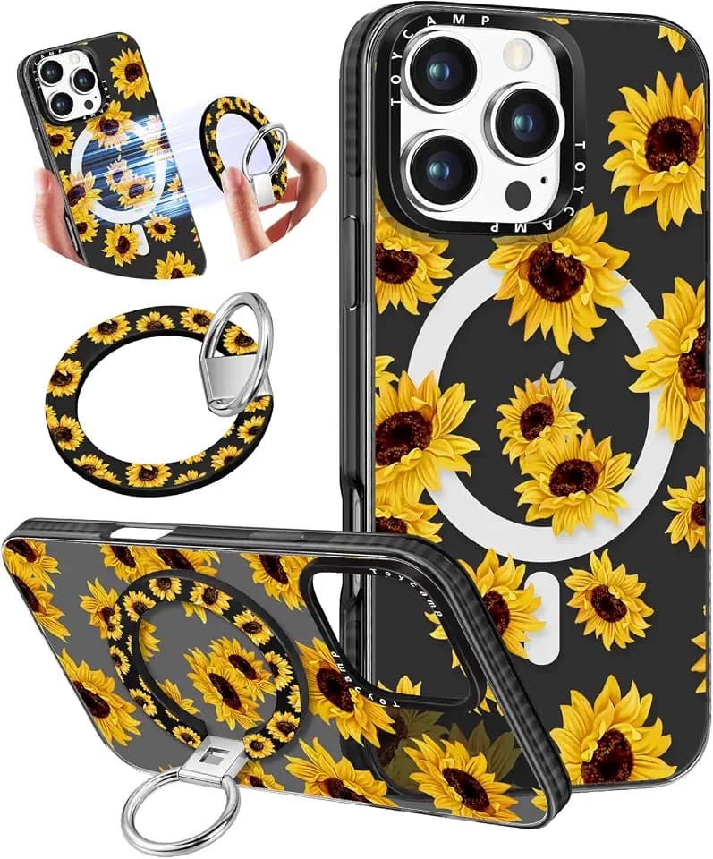 Toycamp for iPhone 13 Clear Case Compatible with Magsafe - for Women Girls Cute Design 360° Magnetic Ring Holder Stand Kickstand Girly Sunflower Pretty Funny Fashion TPU Aesthetic Phone Cover