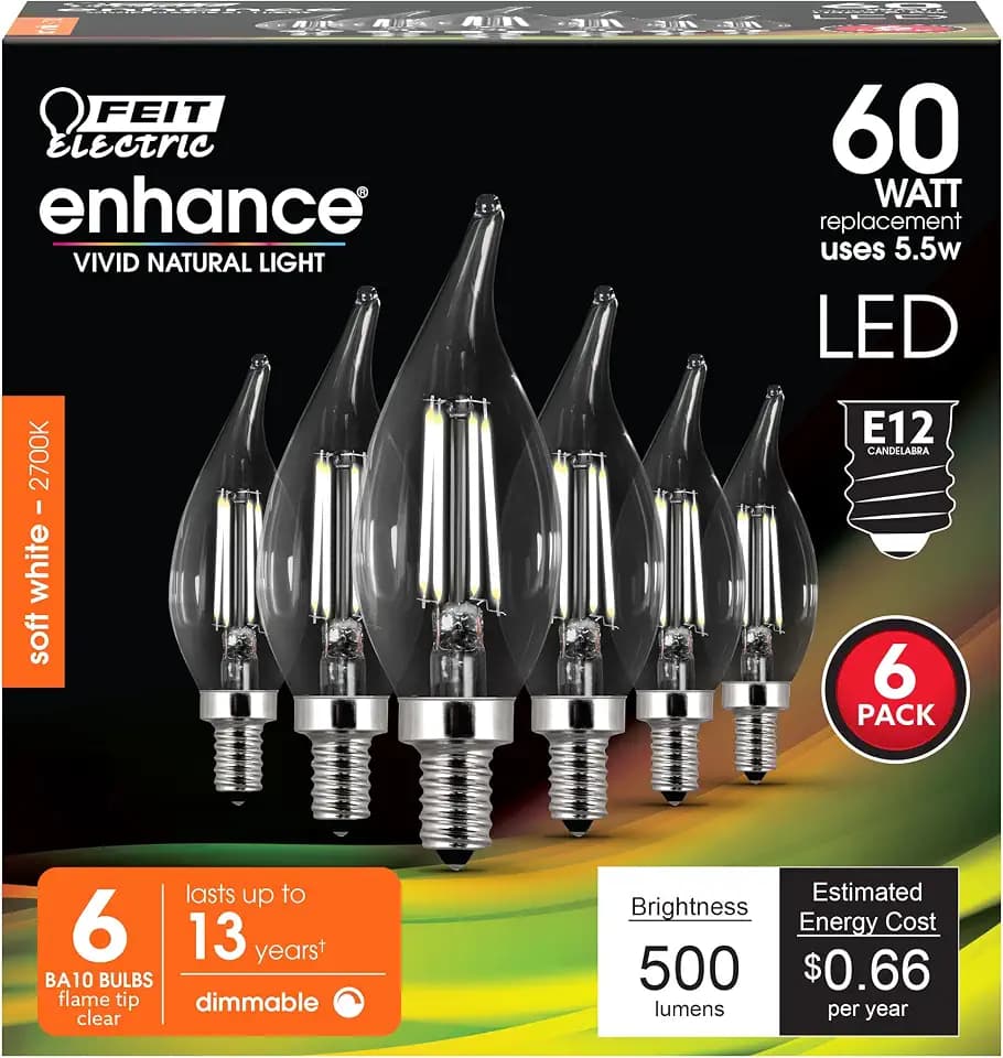 Feit Electric BA10 Enhance LED Light Bulb, 60W Eq, Soft White, 6-Pack