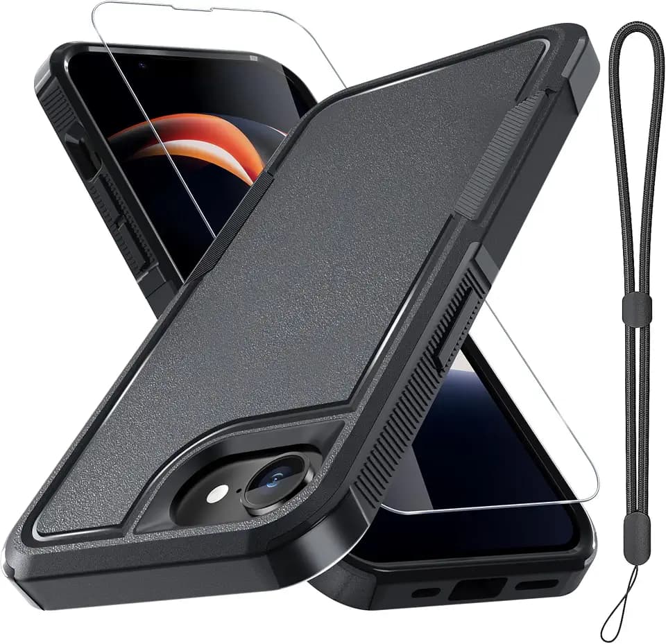 for iPhone 16e Case & iPhone 17e Case, with Screen Protector,Military Grade Heavy Duty Shockproof Phone Cover with Wrist Lanyard Strap for iPhone 16e & iPhone 17e,Black Matte