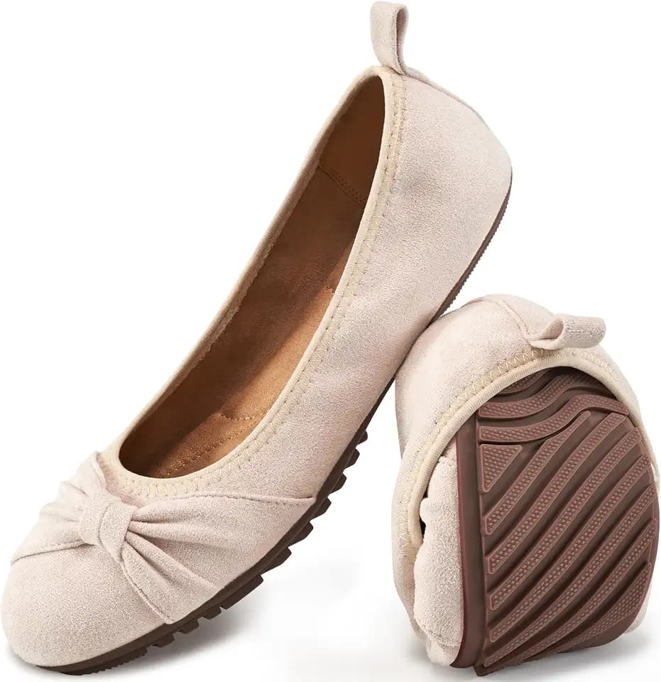 Ecetana Comfortable Ballet Flats for Women: Lightweight Cushioned Foldable Slip-On Work Shoes with Memory Foam - All Day Walking Comfort - Dressy Flats for Office Business