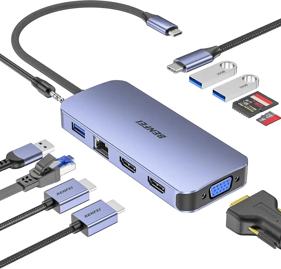 BENFEI 11-in-1 USB C Hub Triple Display Docking Station Dual HDMI, VGA