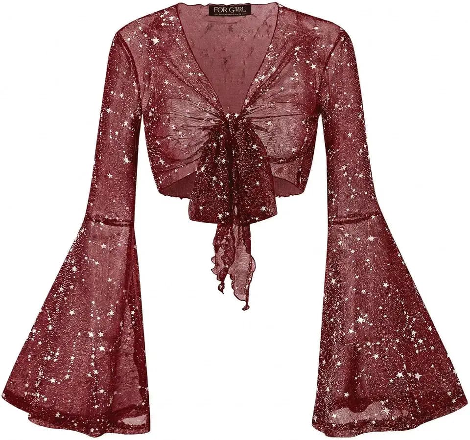 For G and PL Women Tie Front Bell Sleeve Rave Crop Tops Floral Print Hippie Mesh Sheer Shirt