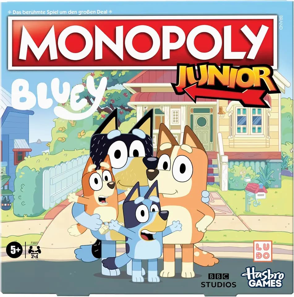 Monopoly Junior: Bluey Edition Brettspiel für Kinder ab 5 Jahren, Spielfiguren von Bluey, Bingo, Mum und Dad, mit Design zur Animationsserie - Deutsche Version