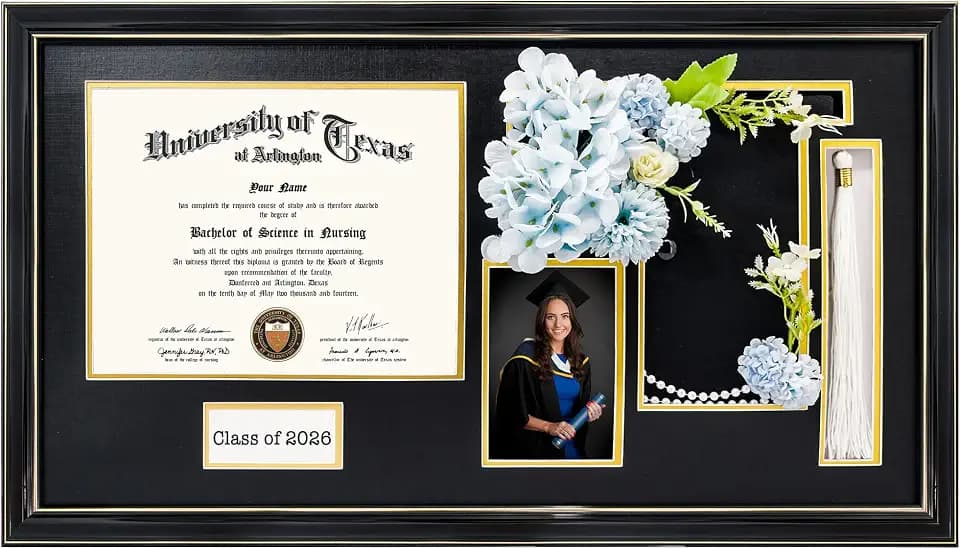 GraduationMall Class of 2026 Graduation Shadow Box Frame for 8.5x11 Diploma, 4x6 Picture with Cap & Tassel Holder, Black Wood Display Case with Black Gold Mat