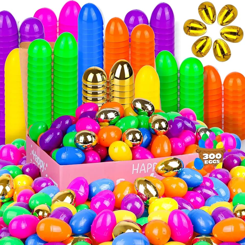 300 Pack Easter Eggs Bulk Include 6 Surprise Golden Eggs, 2.4 Inch Bright Colors Fillable Empty Plastic Easter Egg for Easter Hunt, Easter Basket Fillers, Easter Party Favors