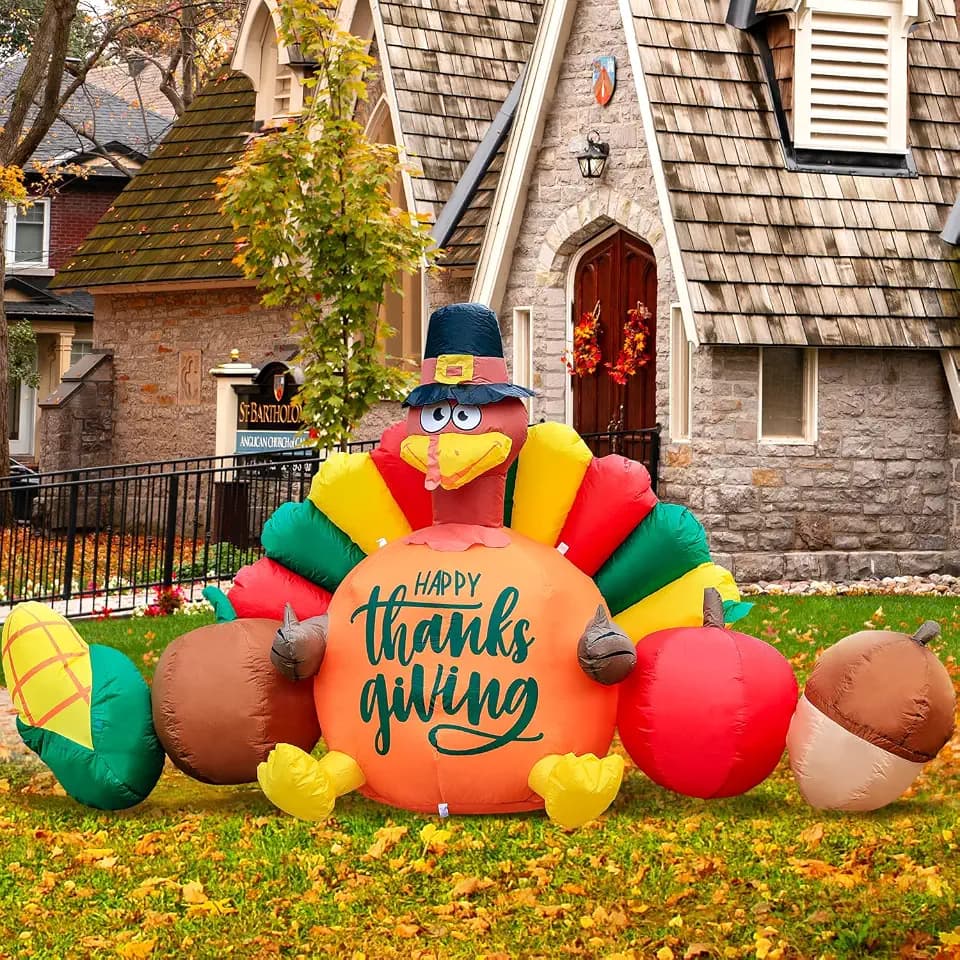 Domkom 8FT Thanksgiving Inflatable Turkey Happy Thanksgiving Sign Yard