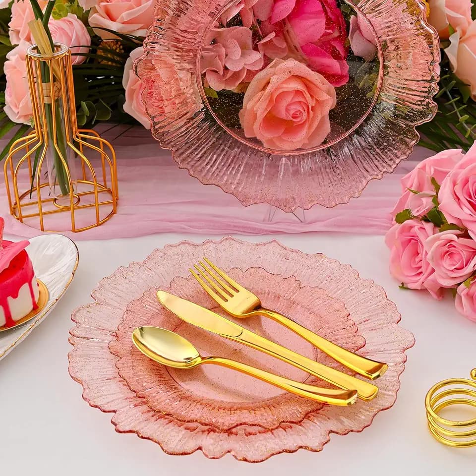 Noemie 60Pcs Pink Floral Plastic Plates, Premium Nice Pink Glitter Disposable Plate-30 Dinner & 30 Dessert Plates with Golden Speckles for Pary Wedding