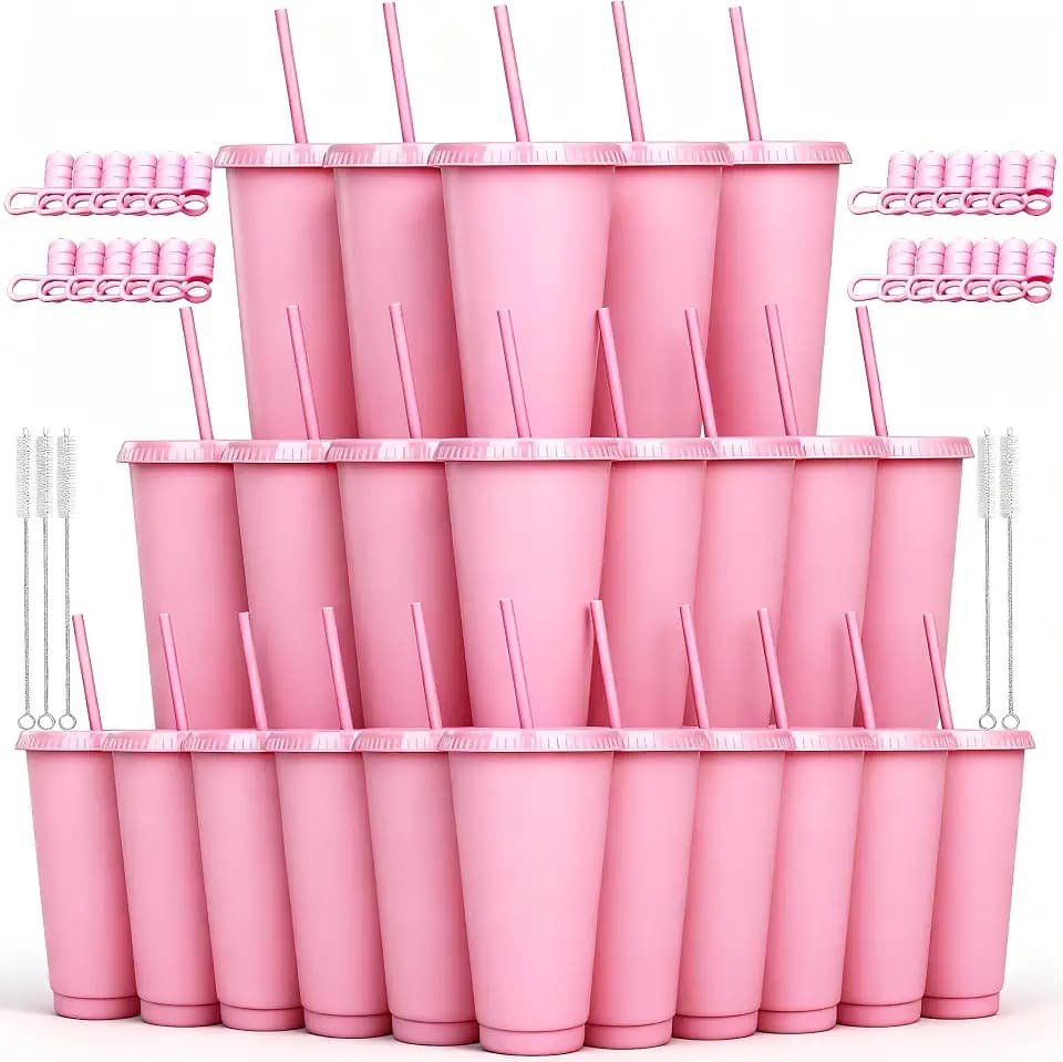 24 oz Reusable Plastic Cups, Custom Cups for Party with Lids and Straws, 24 Pack Iced Coffee Travel Mugs or Mean Girls Party Tumblers, Leak-Proof Coffee Travel Mug (24, Pink)